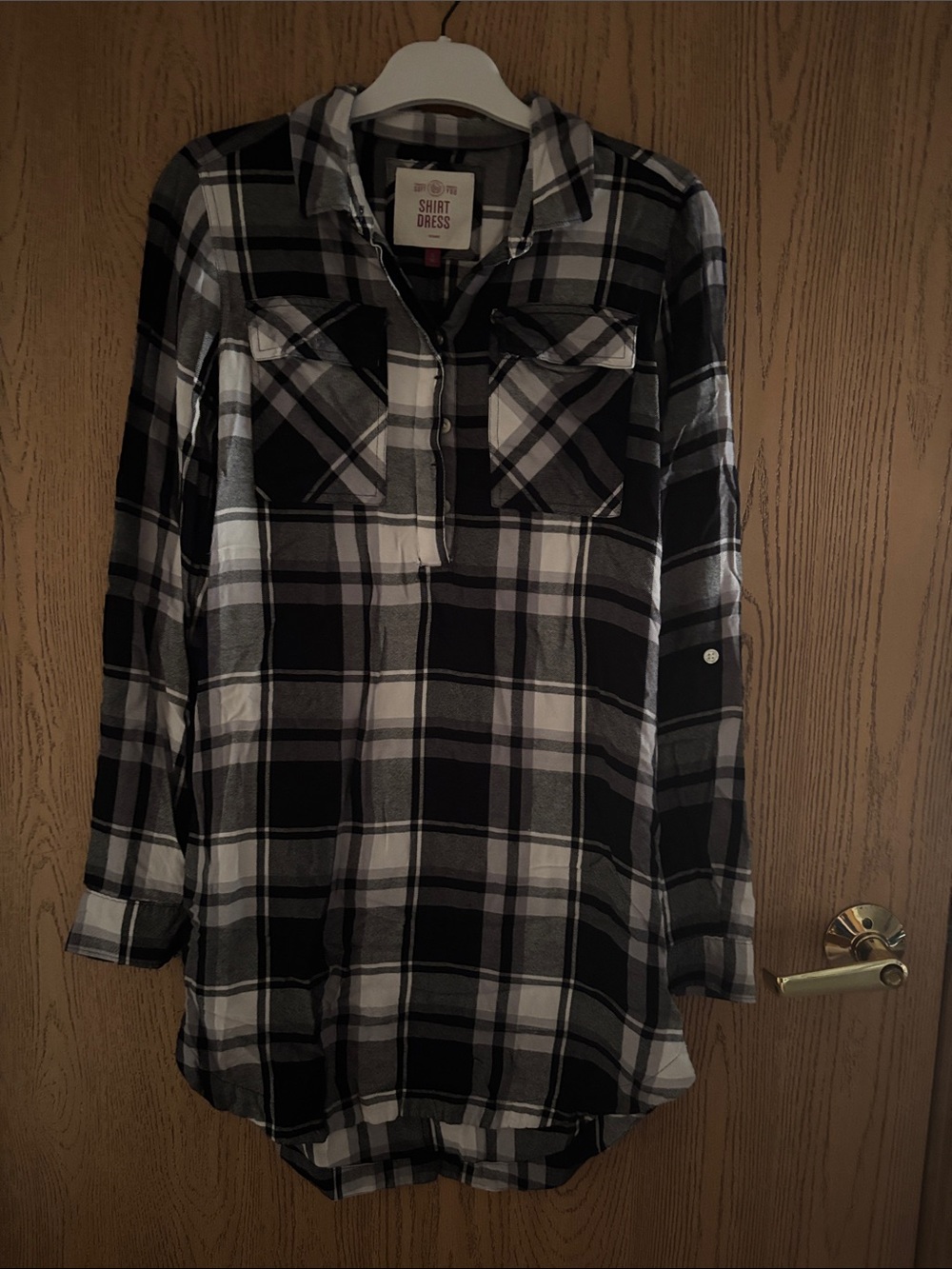 SO Black and White Plaid Shirt Dress